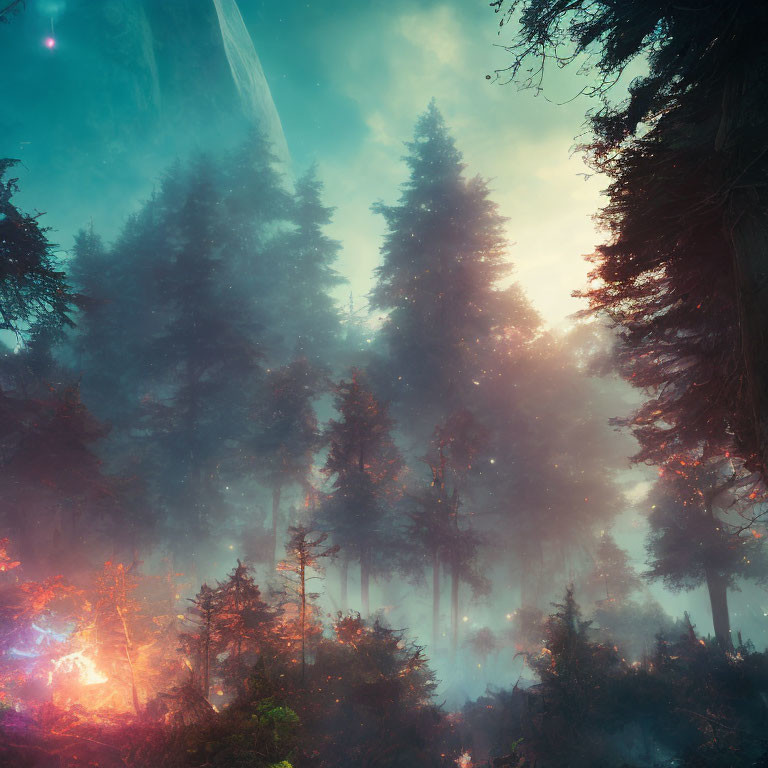 Enchanting forest scene with fog, tall trees, and ethereal light