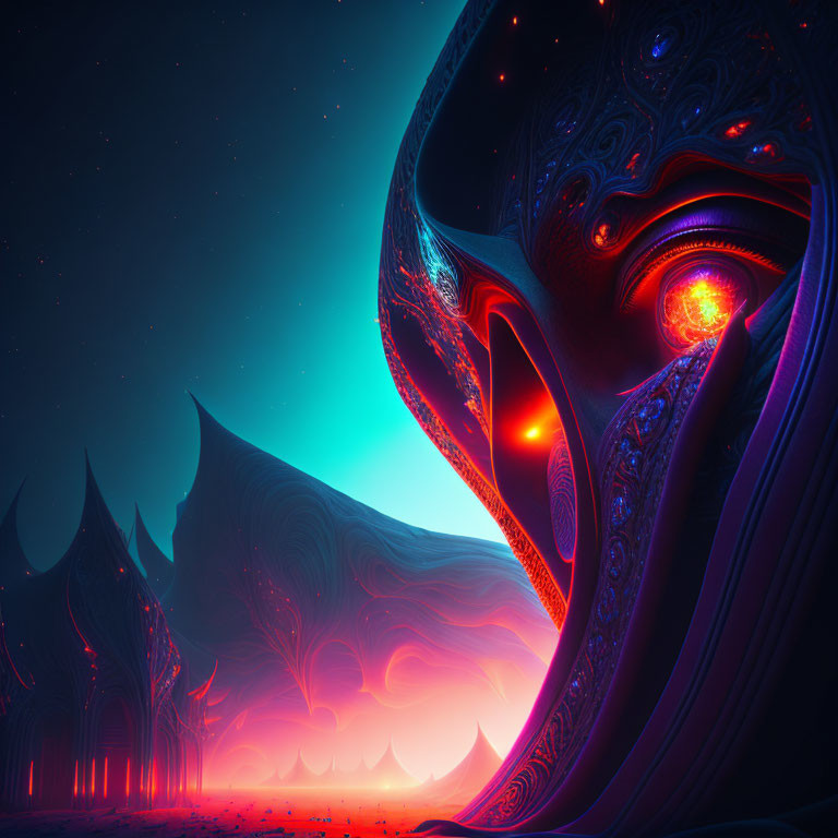 Intricate patterns and glowing orbs in digital art piece