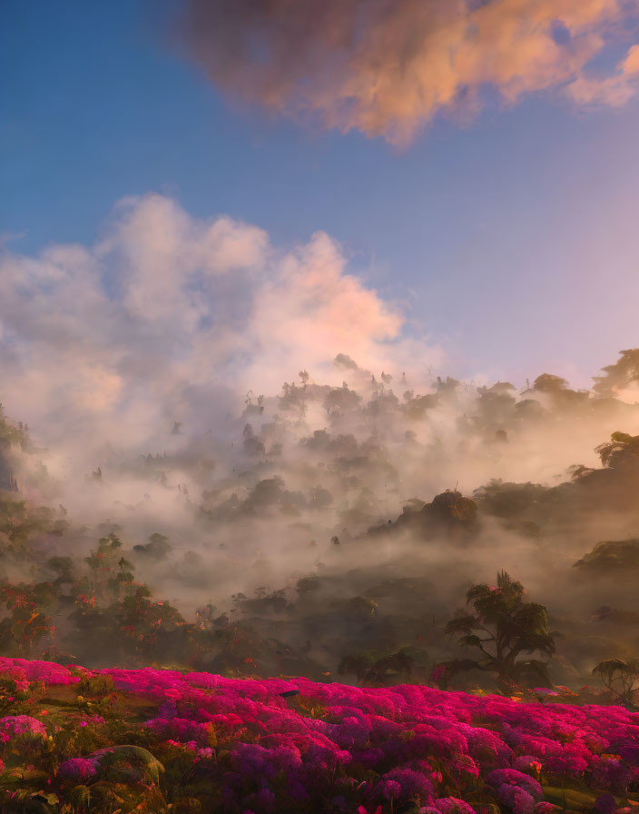 Pink Flowers Cover Misty Landscape Under Blue Sky at Sunrise/Sunset
