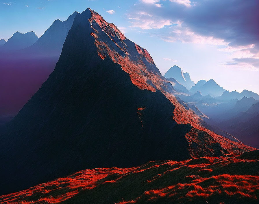 Majestic mountain peak at dusk with red grass and distant silhouettes