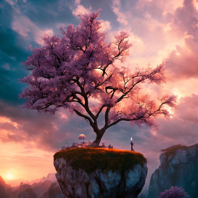 Cherry Blossom Tree on Floating Island at Sunset