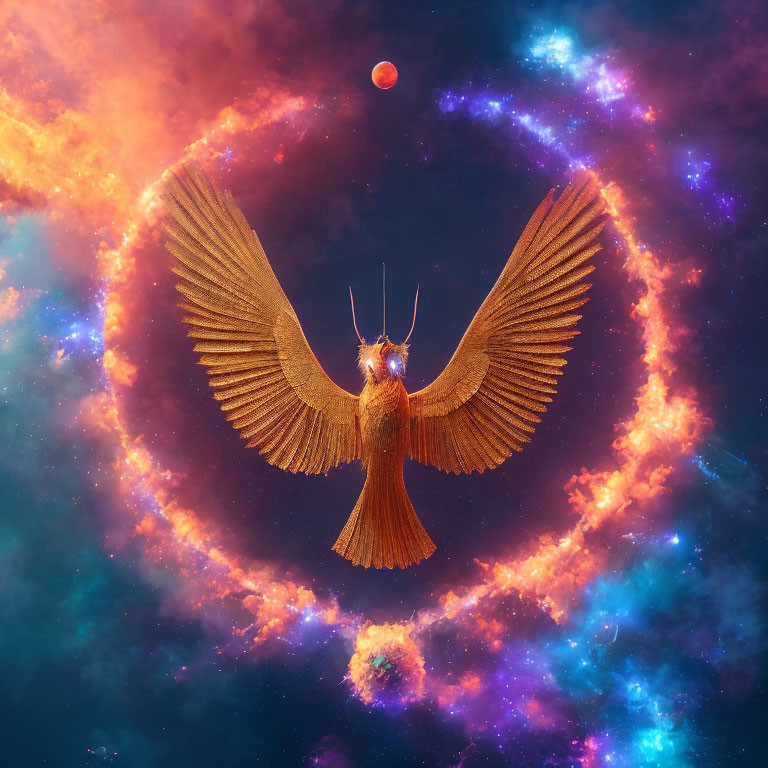 Majestic golden phoenix in cosmic setting with nebulous clouds and red moon