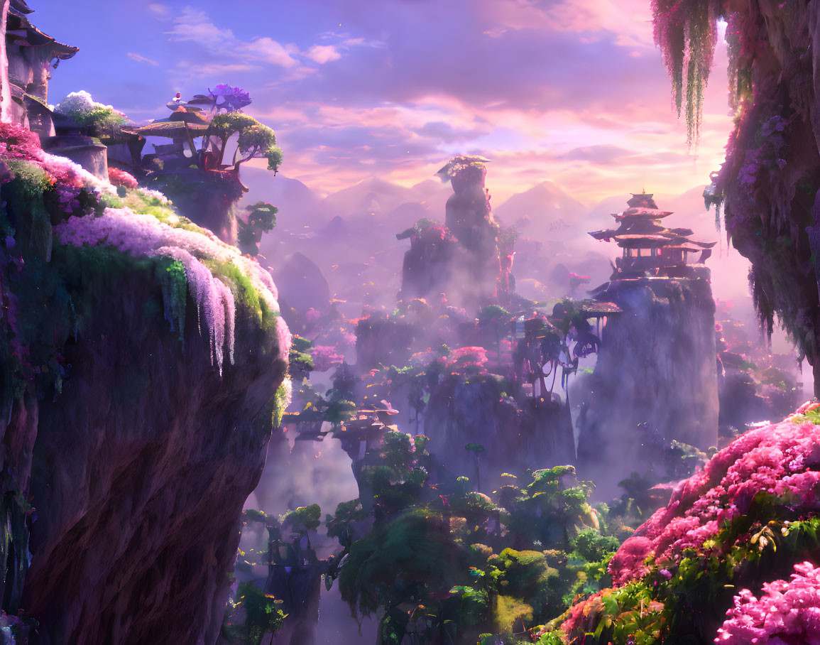 Fantastical landscape with rock pillars, lush flora, and Asian-style pagodas under a purple
