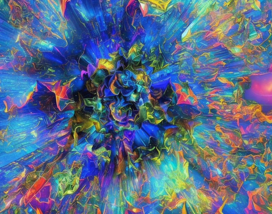 Abstract Digital Artwork: Vibrant Explosion of Colors with Blue Cosmic Flower Pattern