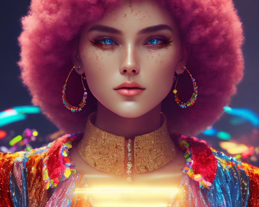 Vibrant digital portrait of woman with blue eyes, pink afro, golden earrings, and colorful