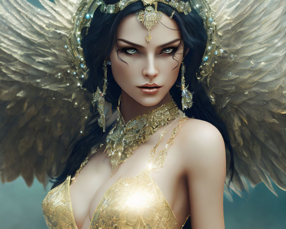 Fantasy portrait: Woman with golden wings, ornate jewelry, and mystical ambiance