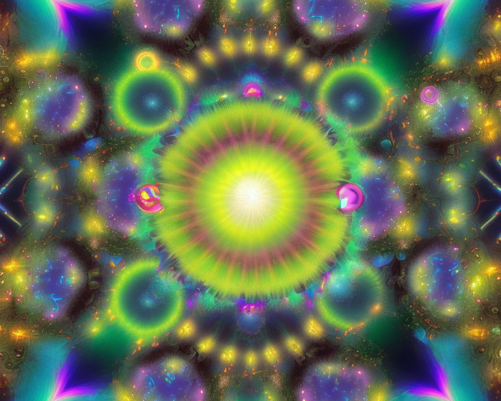 Symmetrical colorful fractal image with glowing center and neon tones