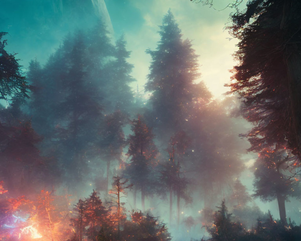 Enchanting forest scene with fog, tall trees, and ethereal light