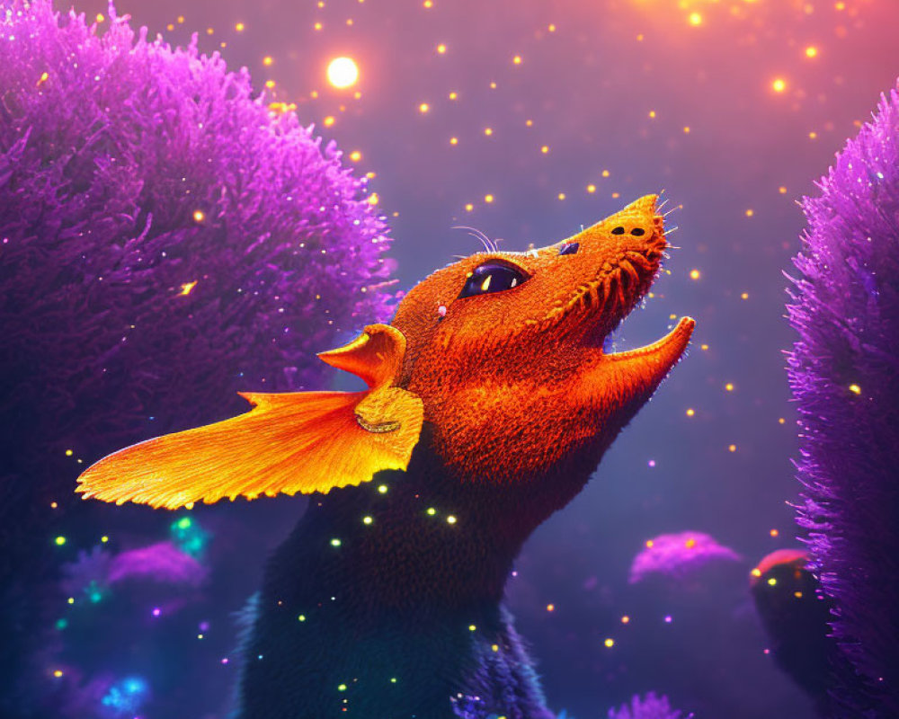 Colorful dragon-like creature in fantastical digital illustration.