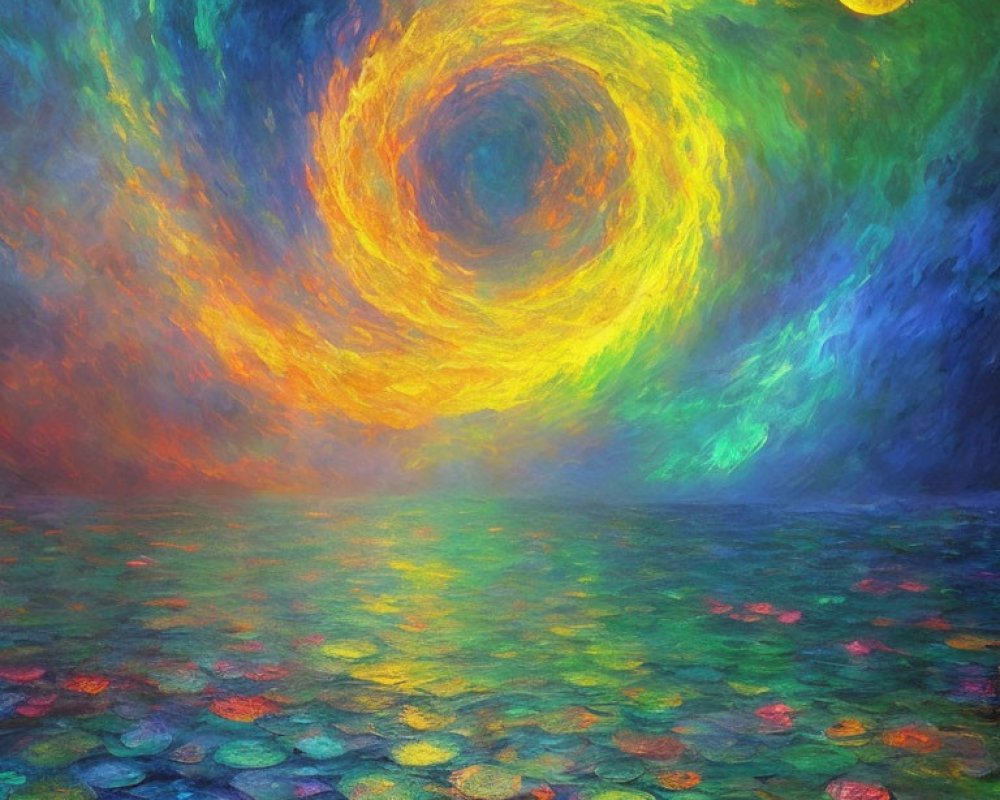 Colorful impressionistic painting: Swirling sky in blue and orange above circular sea.