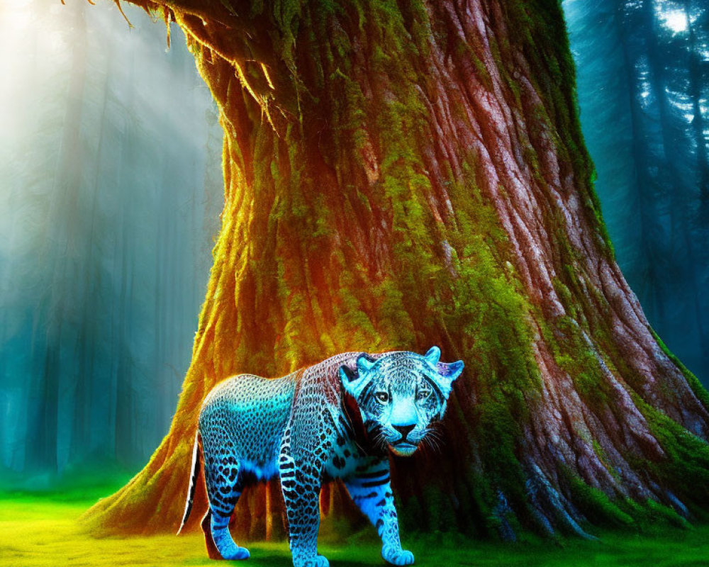 Unusually patterned blue leopard in magical forest landscape