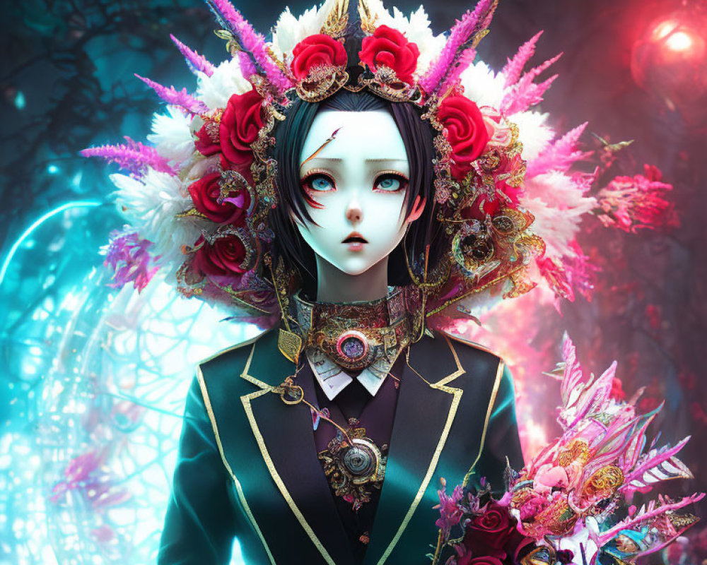 Character with dark hair wearing crown and holding bouquet in front of mystical blue orb