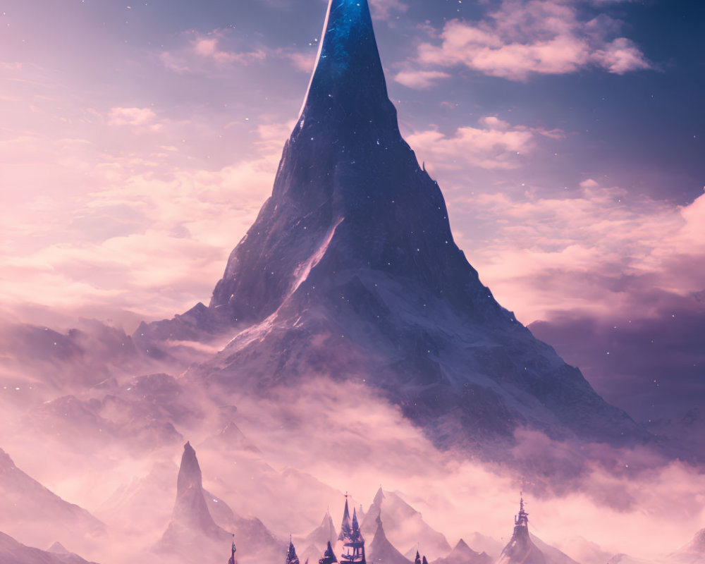 Majestic mountain peak against purple sky over misty cityscape