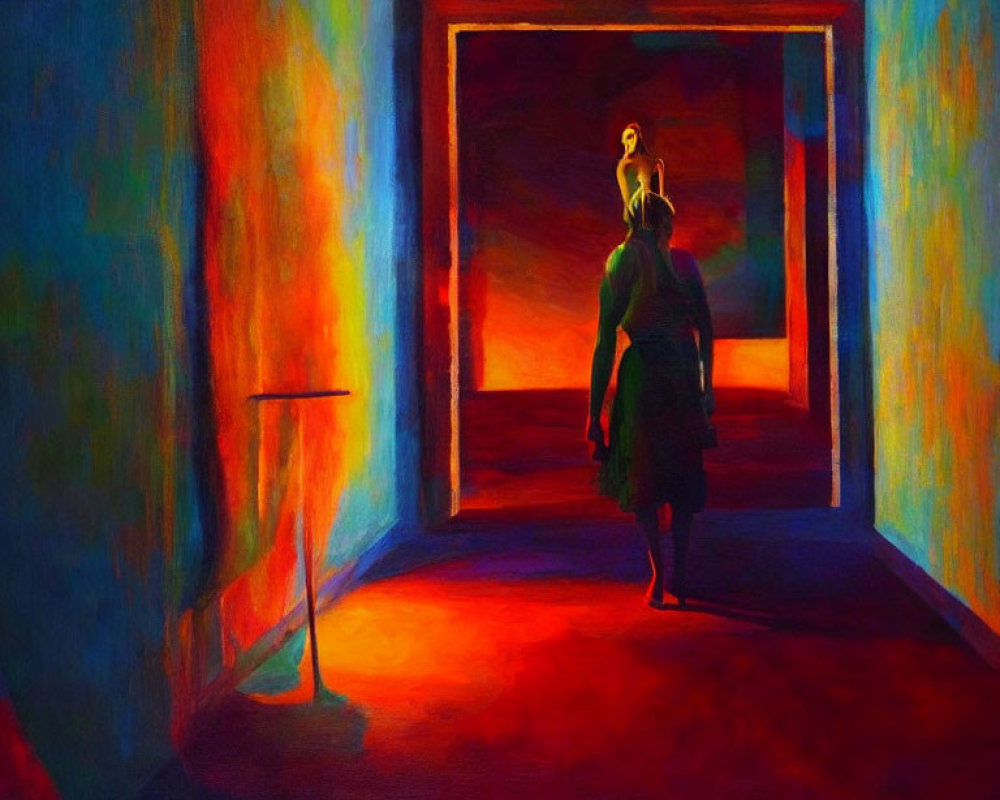 Vivid painting of person walking towards figure in doorway under red and blue light