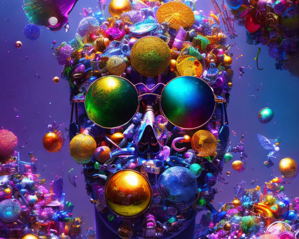 Colorful Psychedelic Skull Portrait with Ornaments and Raven on Cosmic Background