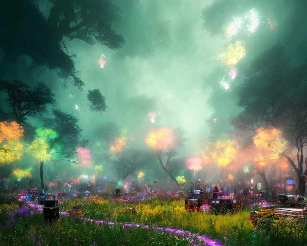 Colorful Trees and Mist in Ethereal Forest Scene