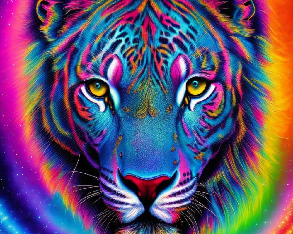 Colorful Psychedelic Tiger Face Illustration on Rainbow Background