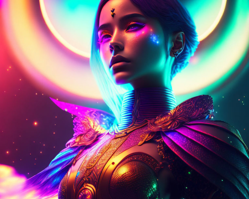 Futuristic female warrior in golden armor with glowing face makeup