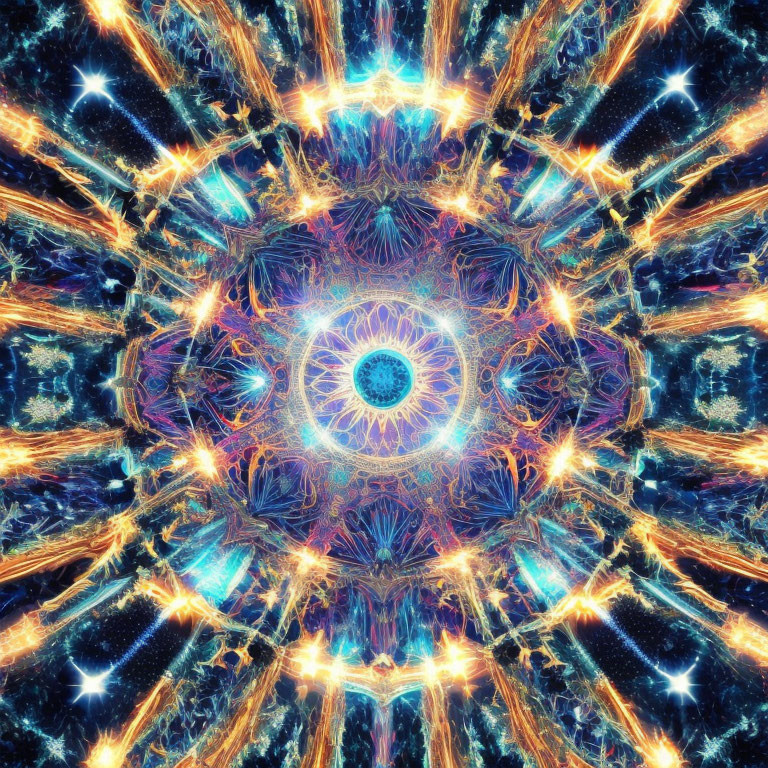 Symmetrical kaleidoscope pattern in glowing blues, oranges, and whites