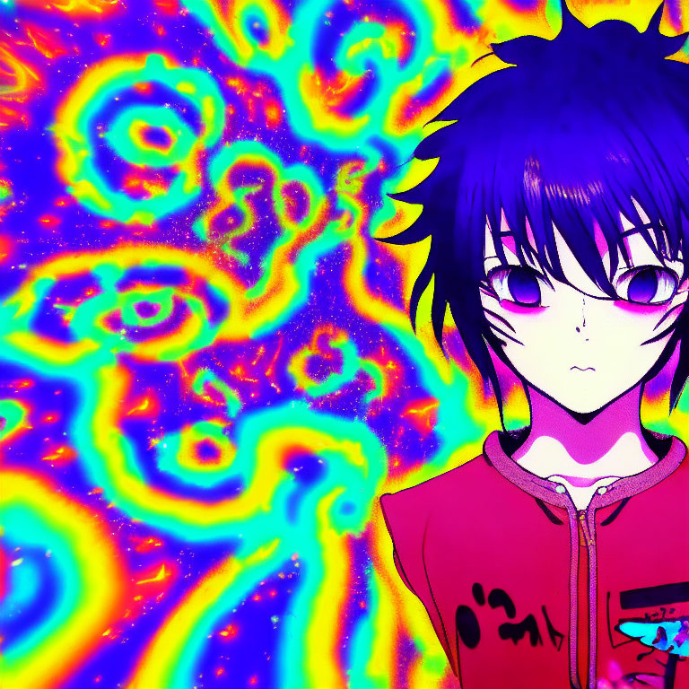 Anime character with black hair and purple eyes on vibrant neon background
