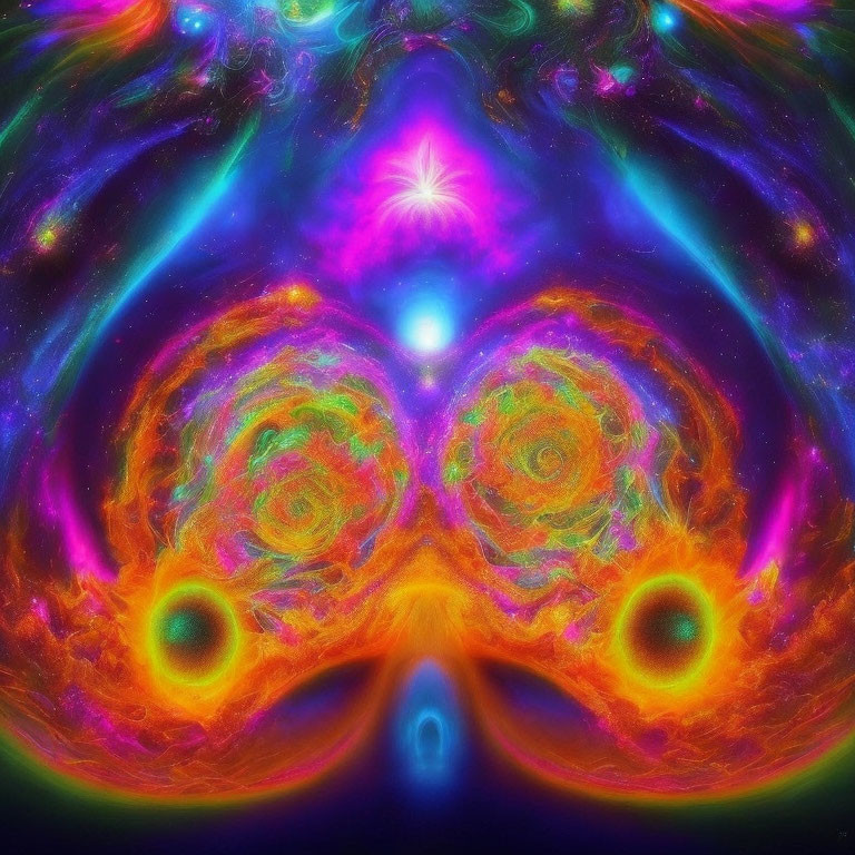 Colorful Psychedelic Fractal Art: Abstract Face with Swirling Eyes