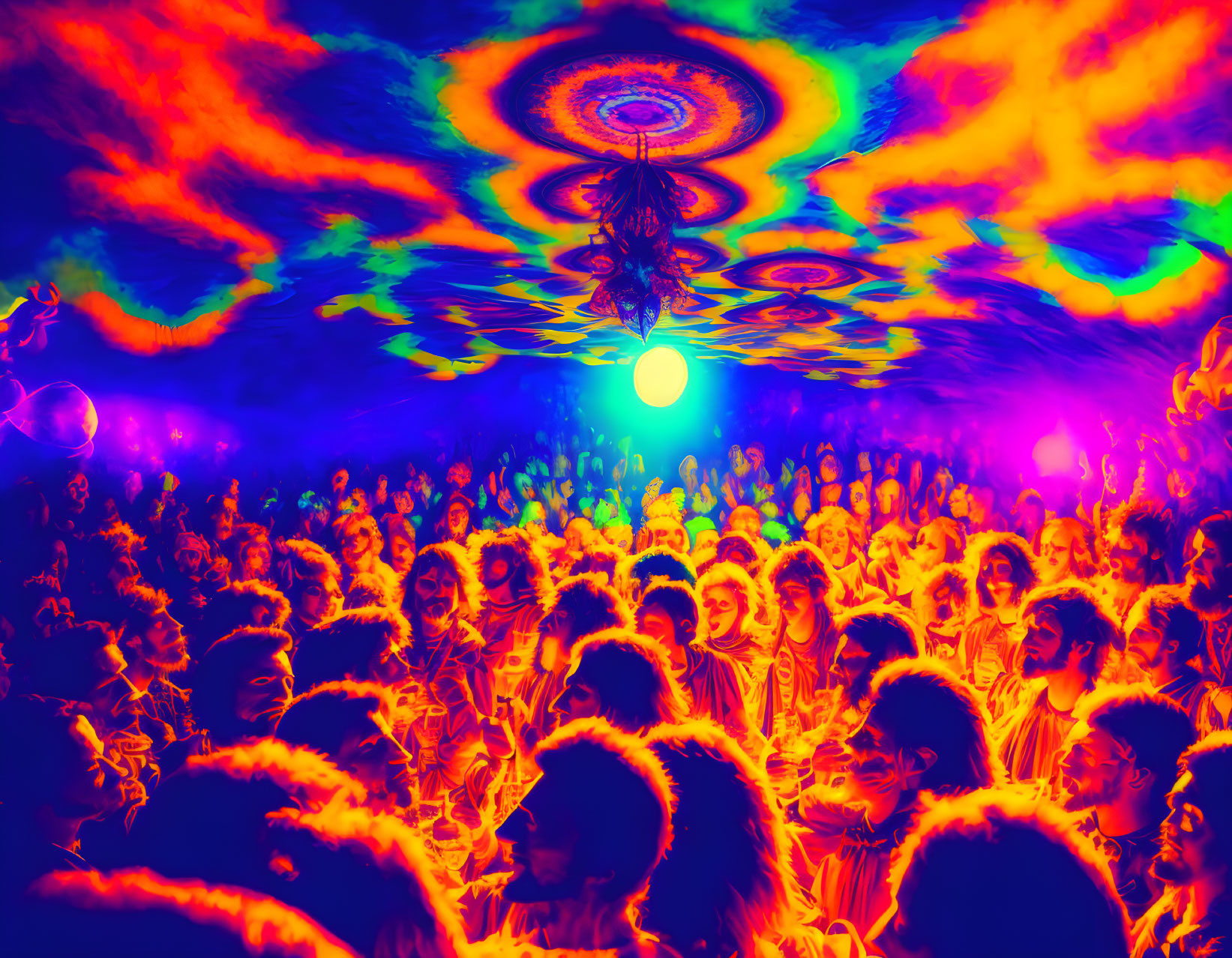Colorful Psychedelic Crowd with Distorted Effects and Bright Orb