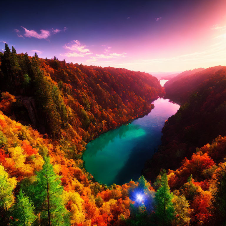 Scenic autumn landscape with river, forest cliffs, and colorful sky
