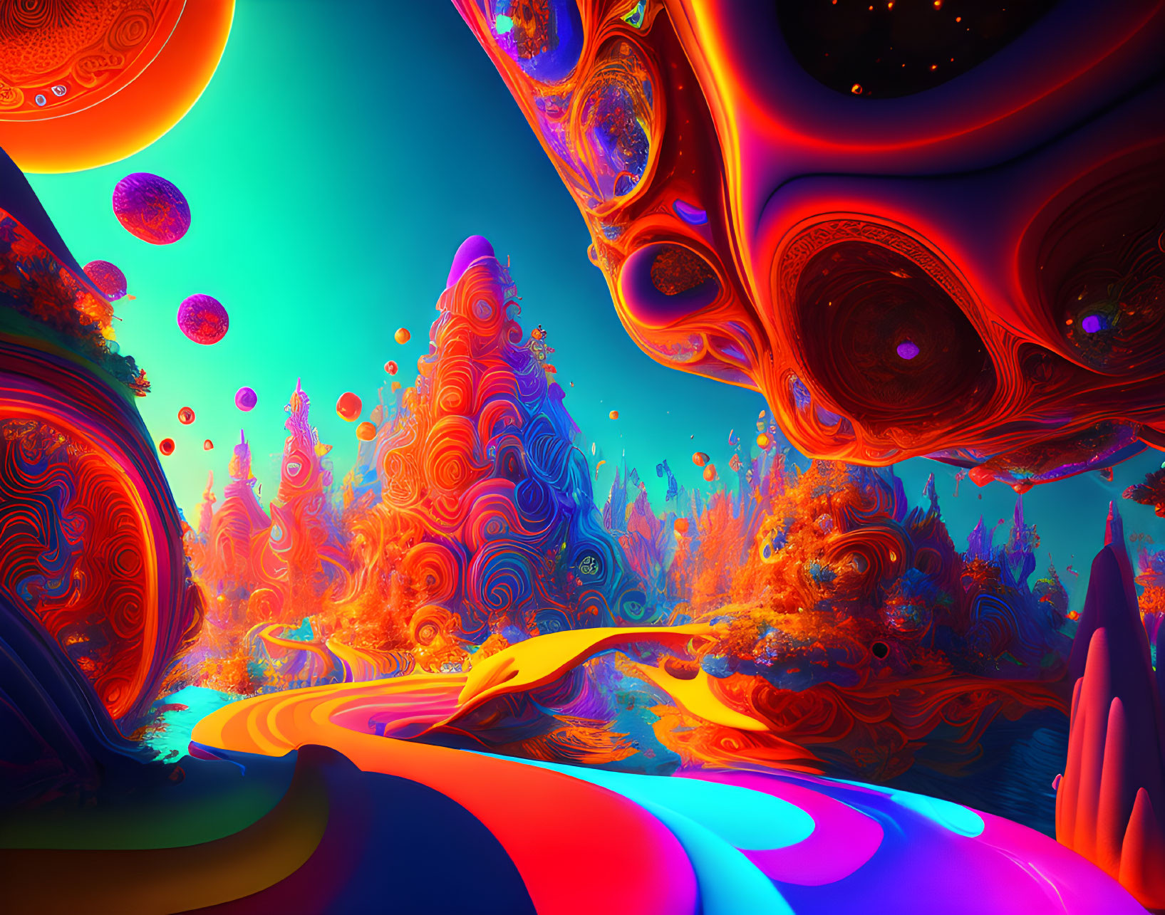 Colorful surreal landscape with swirling patterns and floating orbs