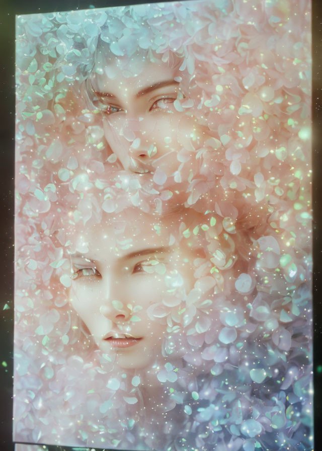 Ethereal digital painting of faces with luminous flowers