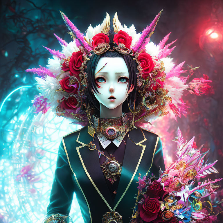 Character with dark hair wearing crown and holding bouquet in front of mystical blue orb