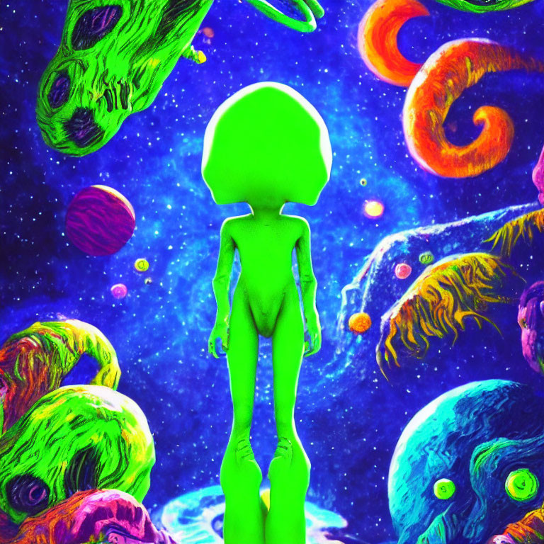 Vibrant neon green alien in colorful psychedelic cosmos