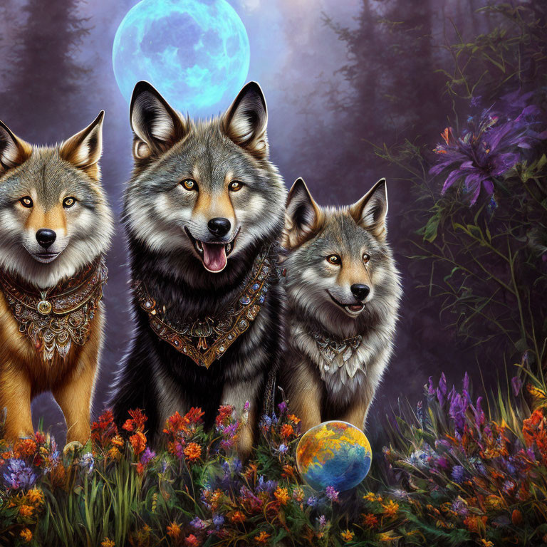 Three wolves with tribal necklaces in mystical forest with purple flowers, full moon, and ethereal globe
