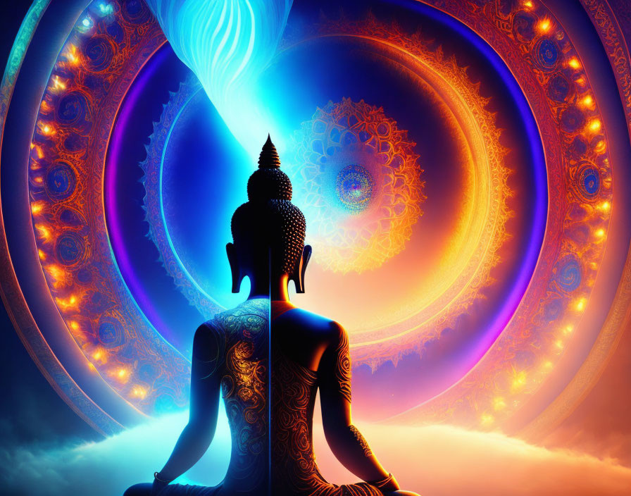 Colorful Buddha Meditation Artwork with Intricate Mandala Background