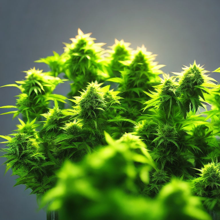 Vibrant cannabis plants with dense buds under warm light