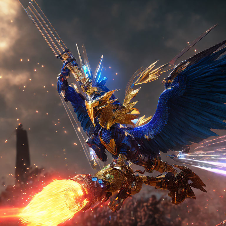 Golden-armored figure on blue-winged creature wields fiery weapon in dramatic sky.