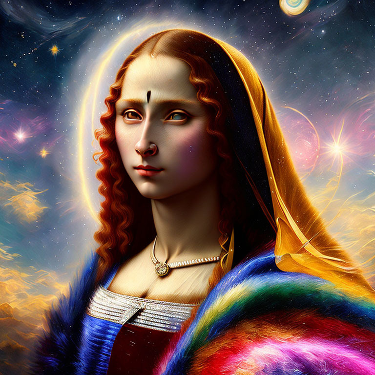 Digital artwork: Mona Lisa fusion with cosmic elements