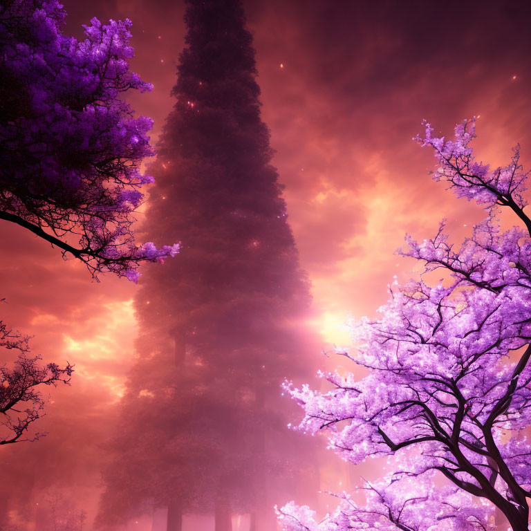Purple Trees and Sequoia in Fiery Sky Landscape