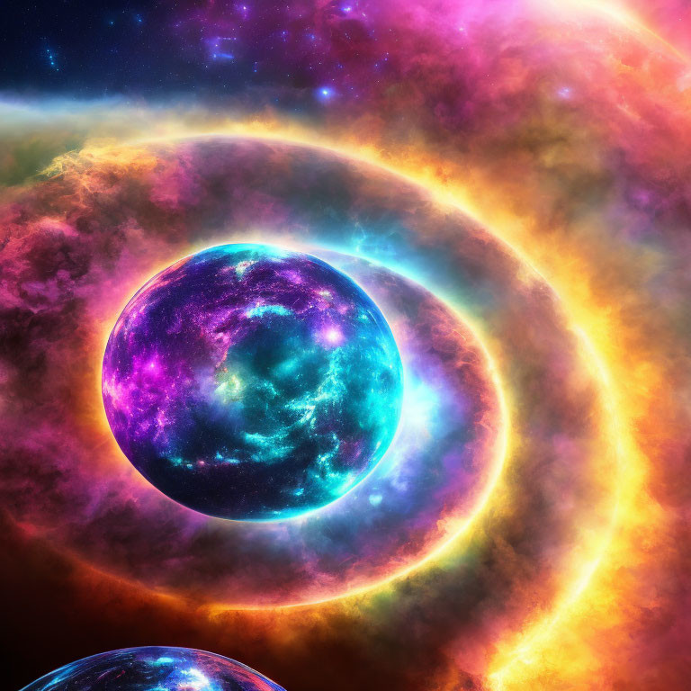 Colorful Nebula, Glowing Planet, Swirling Rings: Vibrant Cosmic Scene