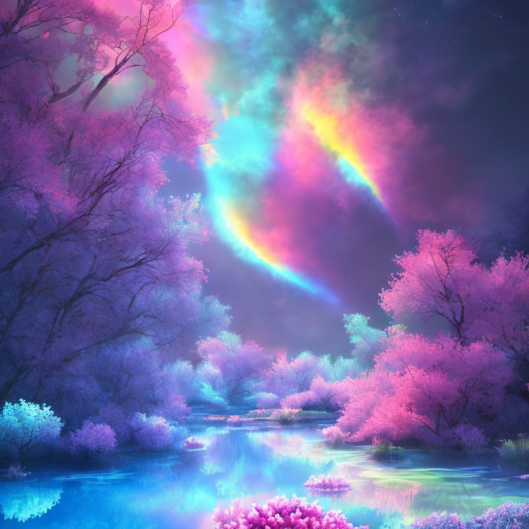 Fantasy landscape with pink trees, river, and colorful sky