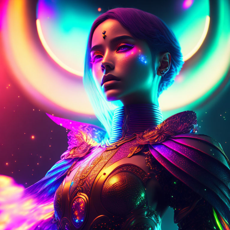 Futuristic female warrior in golden armor with glowing face makeup
