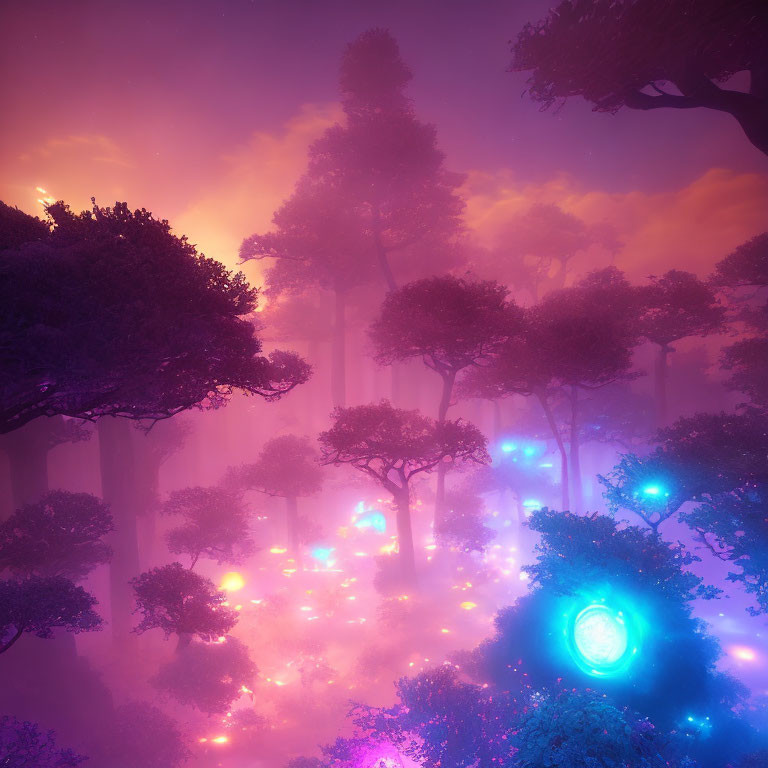 Enchanting mystical forest with glowing orbs and radiant light