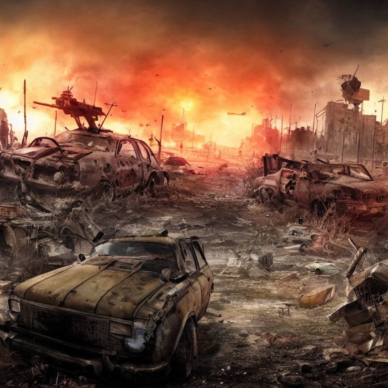 Desolate apocalyptic landscape with wrecked cars and fiery sky