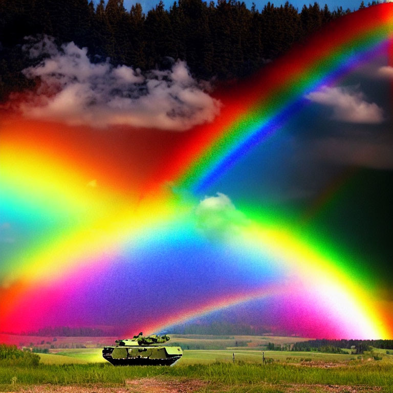Colorful rainbow over tank in landscape with trees and dynamic sky