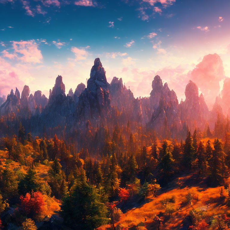 Vibrant forest and jagged mountain peaks at sunset