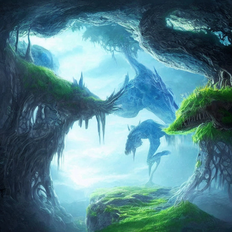Mystical cave with blue light, dragon-like creatures, foliage, and stalactites