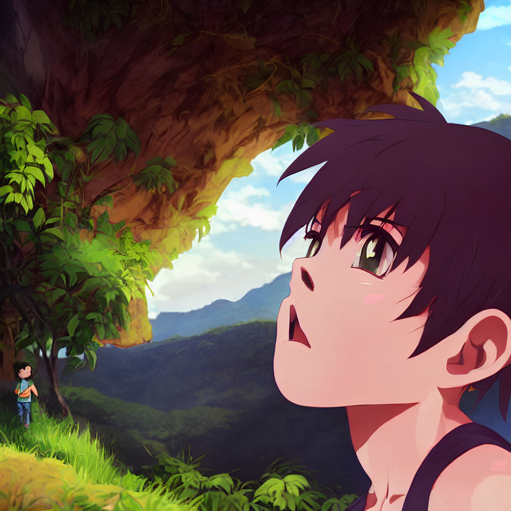 Surprised young person in anime style with lush green landscape and child in distance