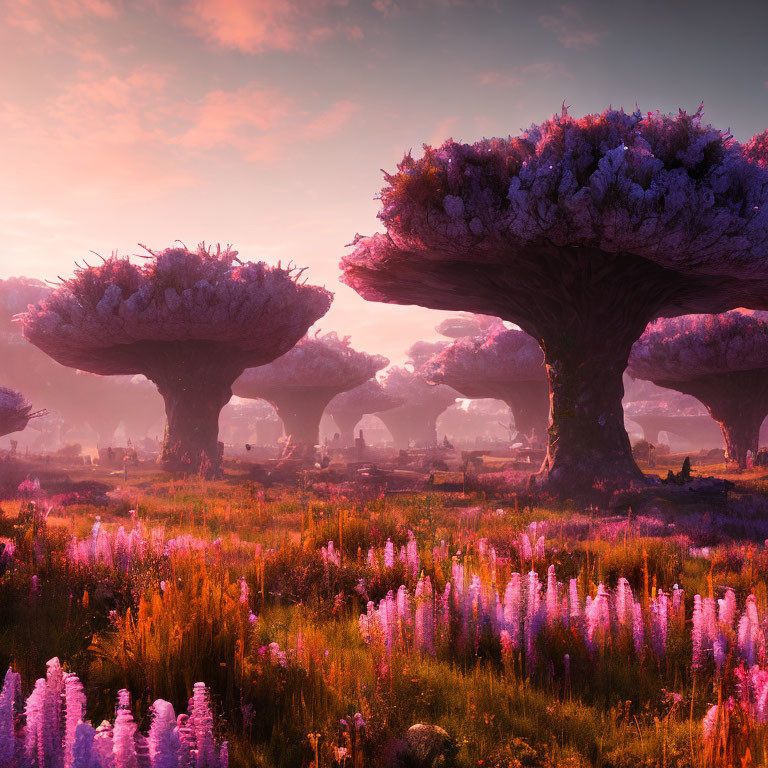 Fantastical landscape with towering mushroom-like trees and colorful flora under warm sunset light