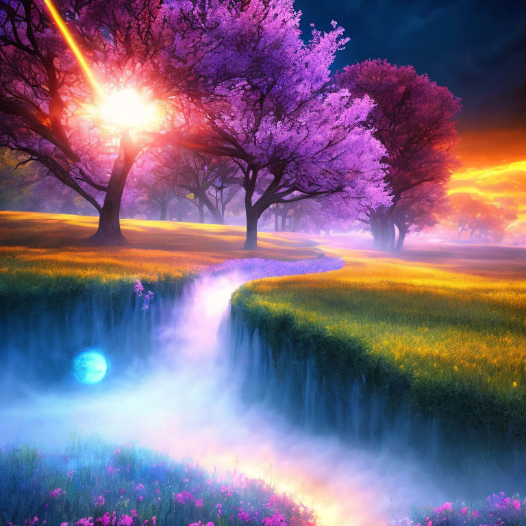 Fantasy landscape with glowing path, flowering trees, sunset, and misty cliffs