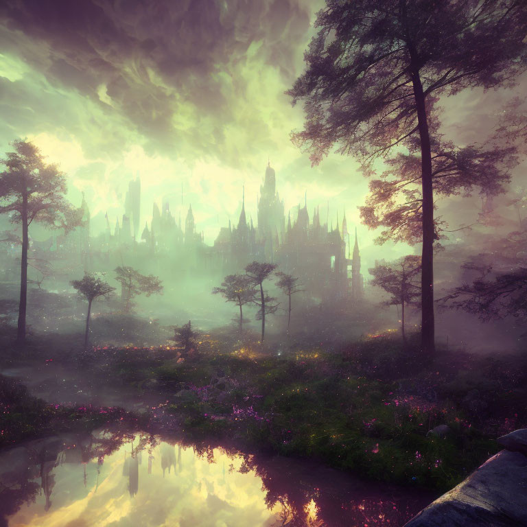Enchanting twilight forest scene with reflective pond and castle-like structure