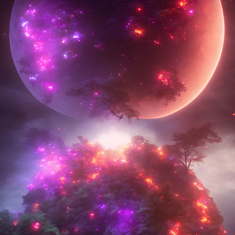Fantastical landscape with glowing purple and pink nebulae and massive reddish-pink planet.